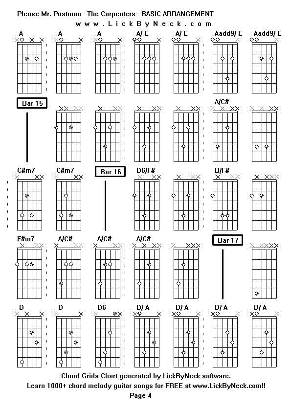 Chord Grids Chart of chord melody fingerstyle guitar song-Please Mr Postman - The Carpenters - BASIC ARRANGEMENT,generated by LickByNeck software.